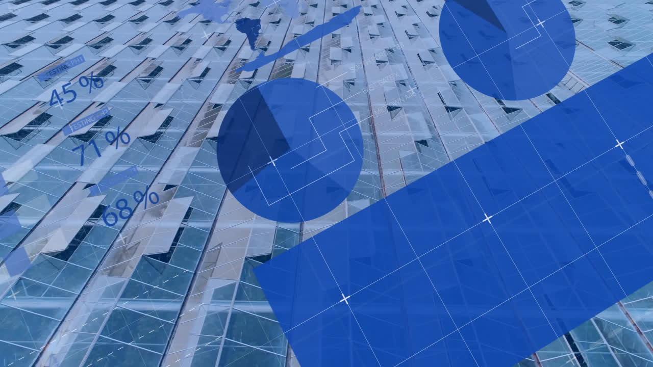 Modern glass facade showing translucent blue shapes over white grid lines and world map silhouette