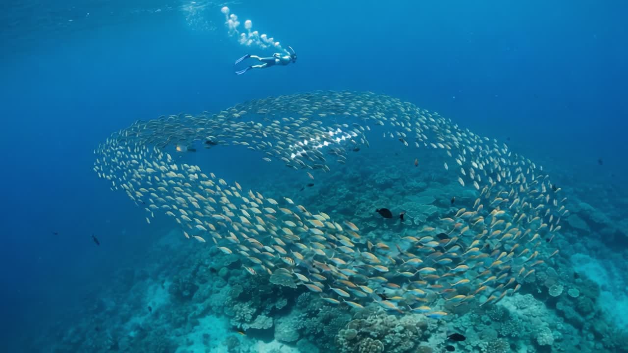 A Diver Glides Through a Mesmerizing School of Fish Forming Intricate Patterns Beneath the Waves in a Stunning Underwater Scene