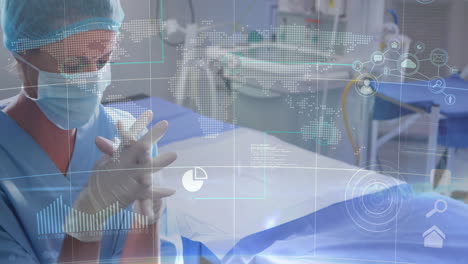 female surgeon rubbing gloved hands inside operating room, displaying digital map charts and icons