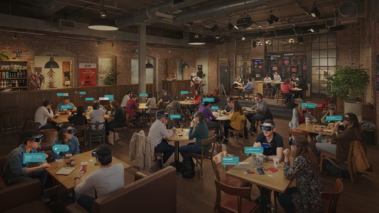 A Vibrant Café Scene Featuring Engaged Patrons Utilizing Innovative VR Technology for an Enhanced Dining Experience in a Modern Social Setting
