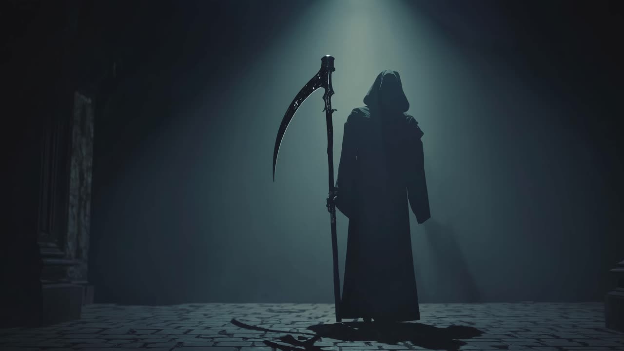 A dark, atmospheric video scene with a low-angle shot of a hooded figure holding a scythe