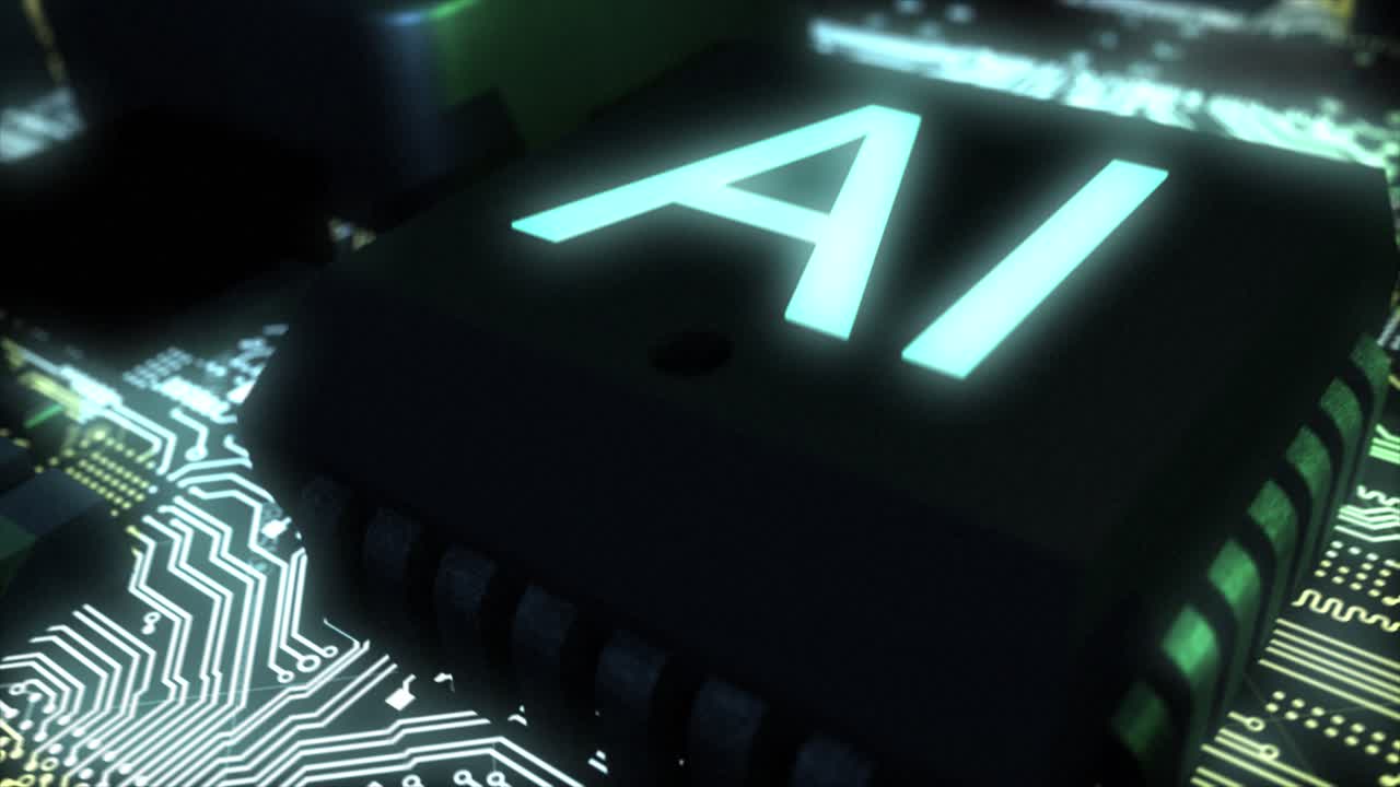 impresionante renderización de cgi de alta calidad a través de una placa de circuitos integrados con una revelación de un chip de ia con texto brillante azul pálido y circuitos dorados brillantes