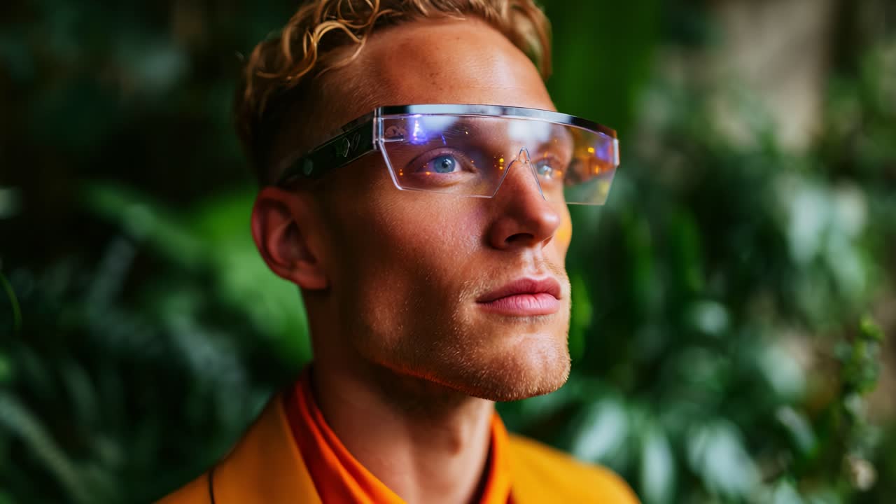 Stilfuld mand med futuristiske smart glasses foran en frodig grøn baggrund, der viser innovativ teknologi og moderne mode i et levende miljø