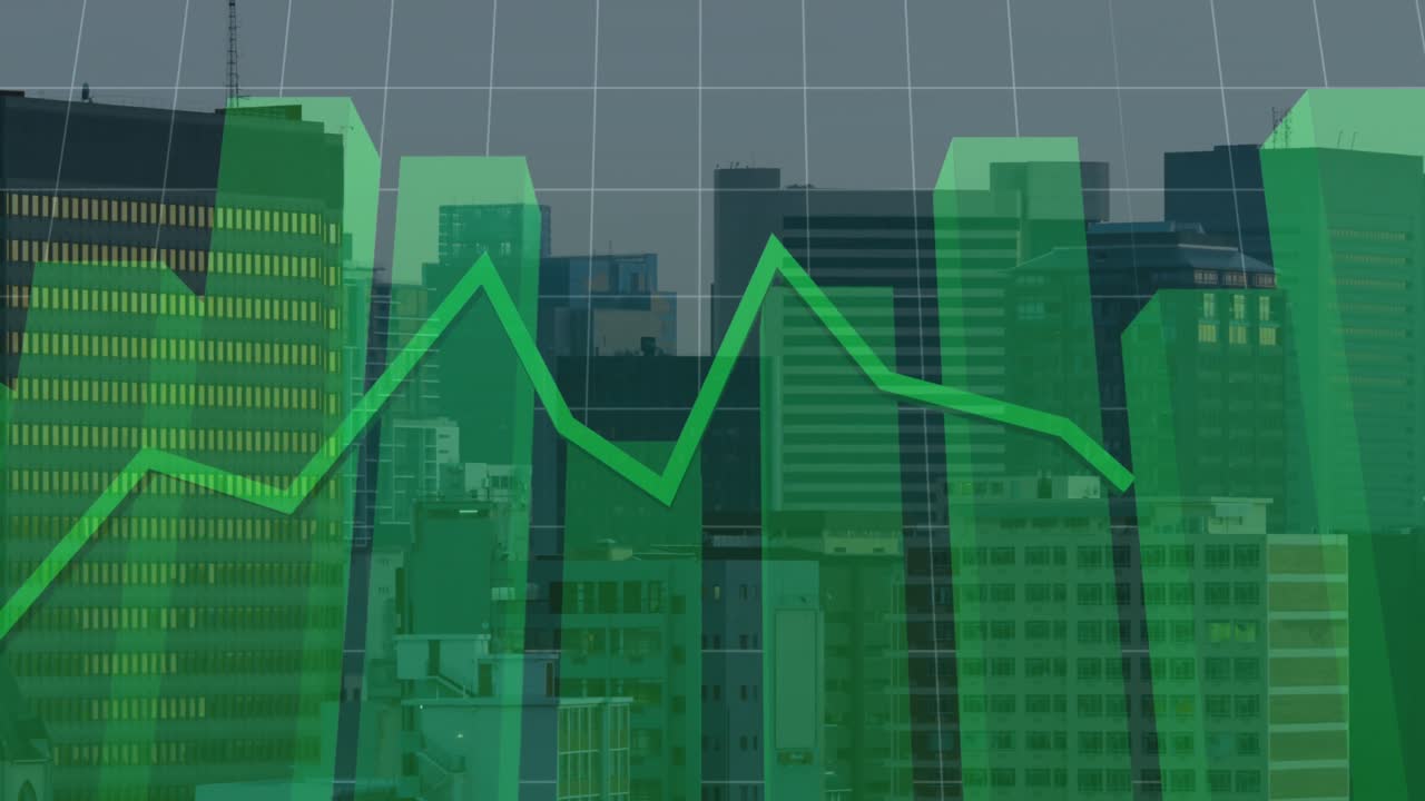 animación de gráficos financieros y procesamiento de datos sobre el paisaje urbano