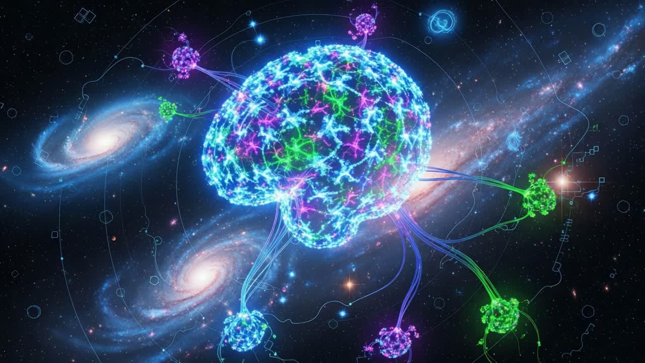 A Cosmic Brain Visualization: Exploring the Intersection of Neural Networks and the Universe in Vibrant Colors and Intricate Connections
