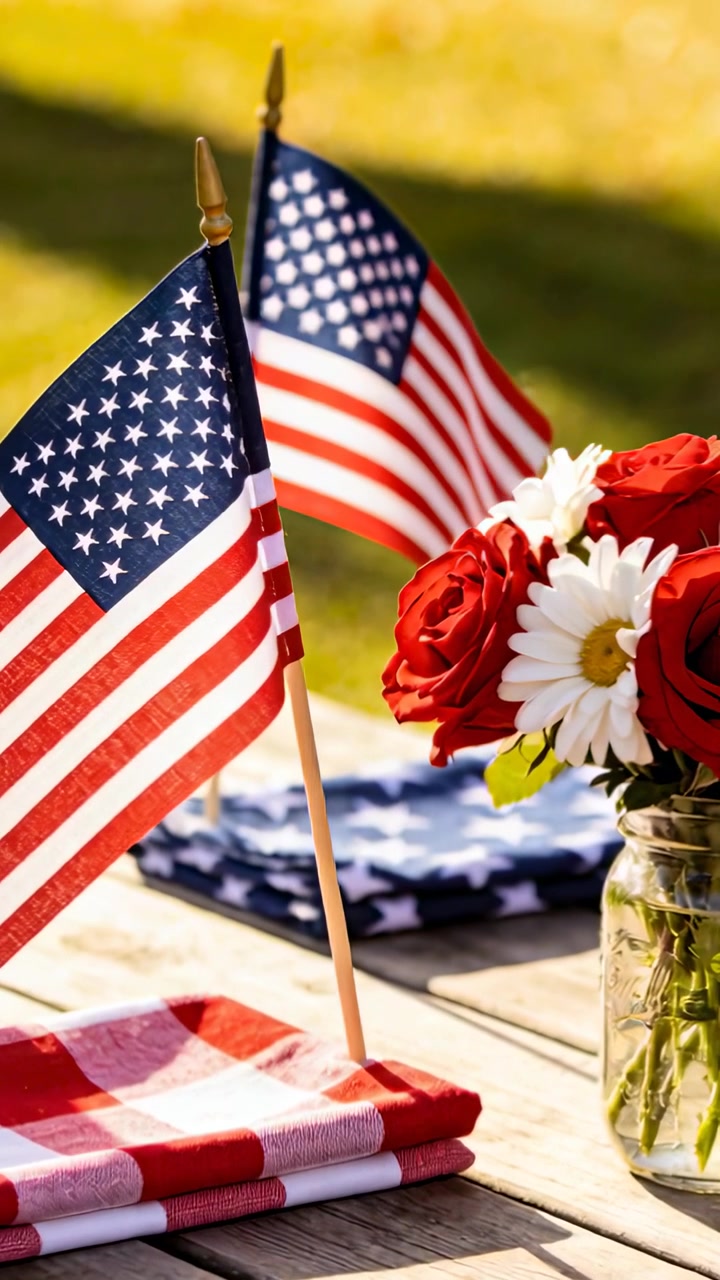 Vertical video: Breeze causing two US flags waving on picnic table, jar holding roses and daisies