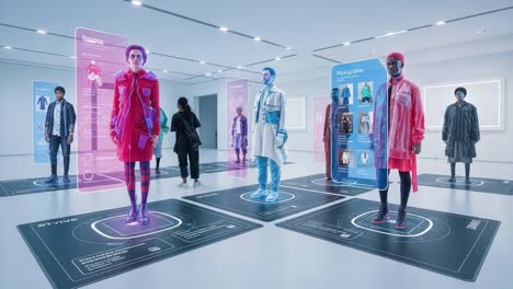 exploring a futuristic fashion exhibition with interactive displays featuring virtual models showcasing latest trends in stylish attire and cutting-edge technology