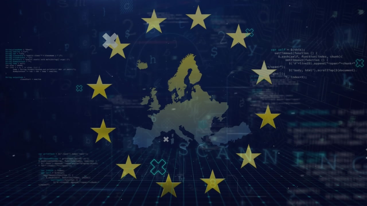 Animazione di un lucchetto, elaborazione dati e bandiera dell'UE