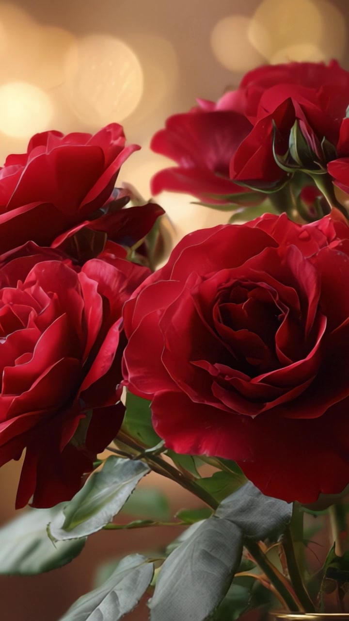 Impresionante primer plano de vibrantes rosas rojas mostrando sus lujosos pétalos, exuberantes hojas verdes y un fondo bellamente difuminado de reflejos de luz.