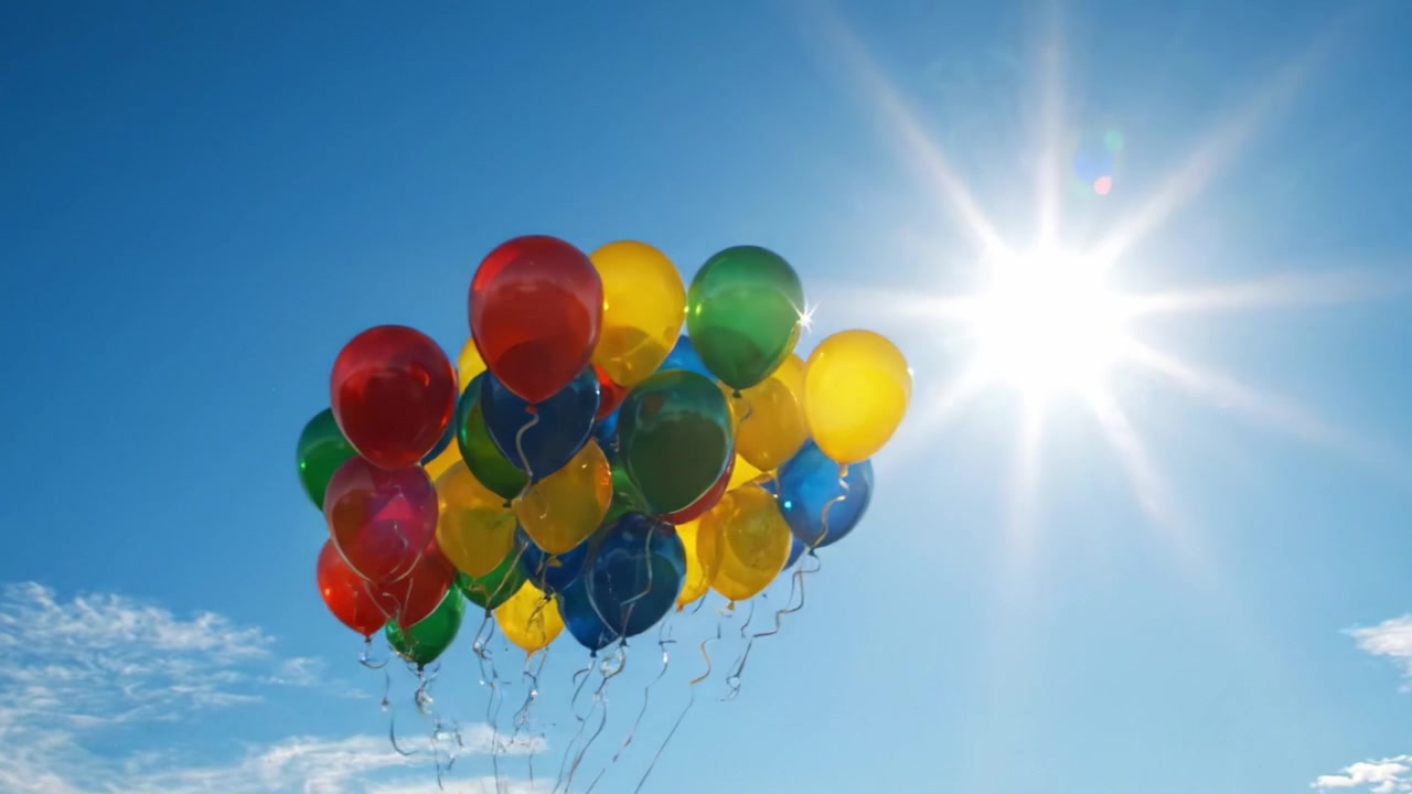 Cieli luminosi e palloncini colorati che volano in aria: una gioiosa celebrazione della vita e della felicità sotto il sole.