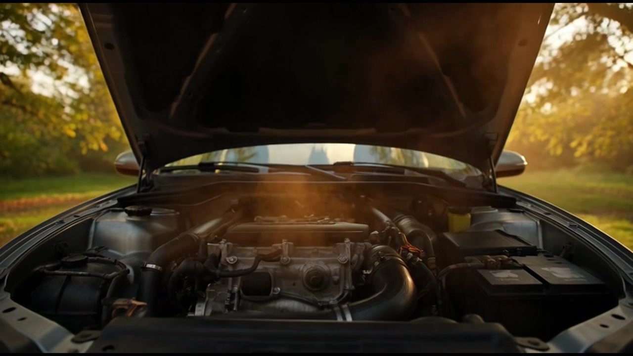 Person Opening Car Hood to Reveal Smoking Overheated Engine