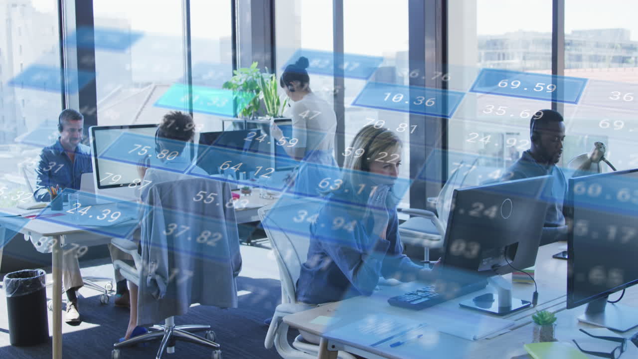 Animation of financial data processing over diverse business people in office