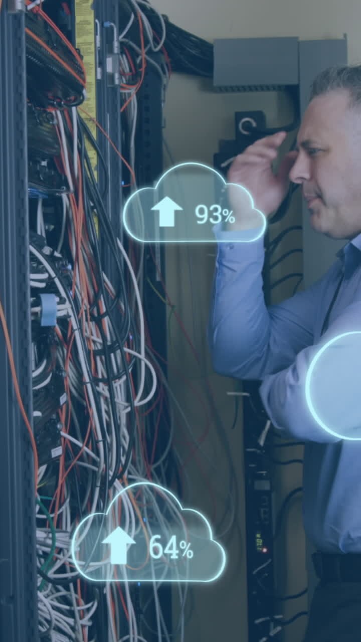 Animation of clouds with increasing numbers over stressed caucasian man standing at servers