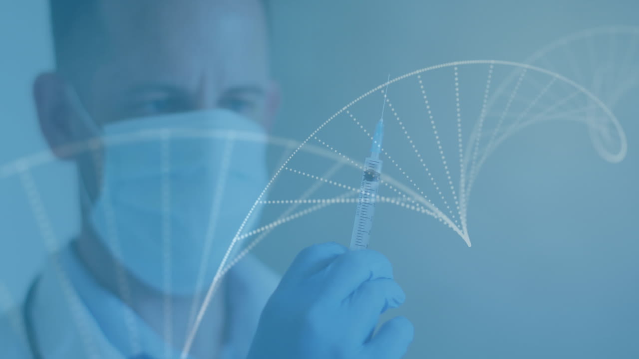 struttura del dna che gira contro il dottore maschio che tocca la siringa per rimuovere le bolle d'aria