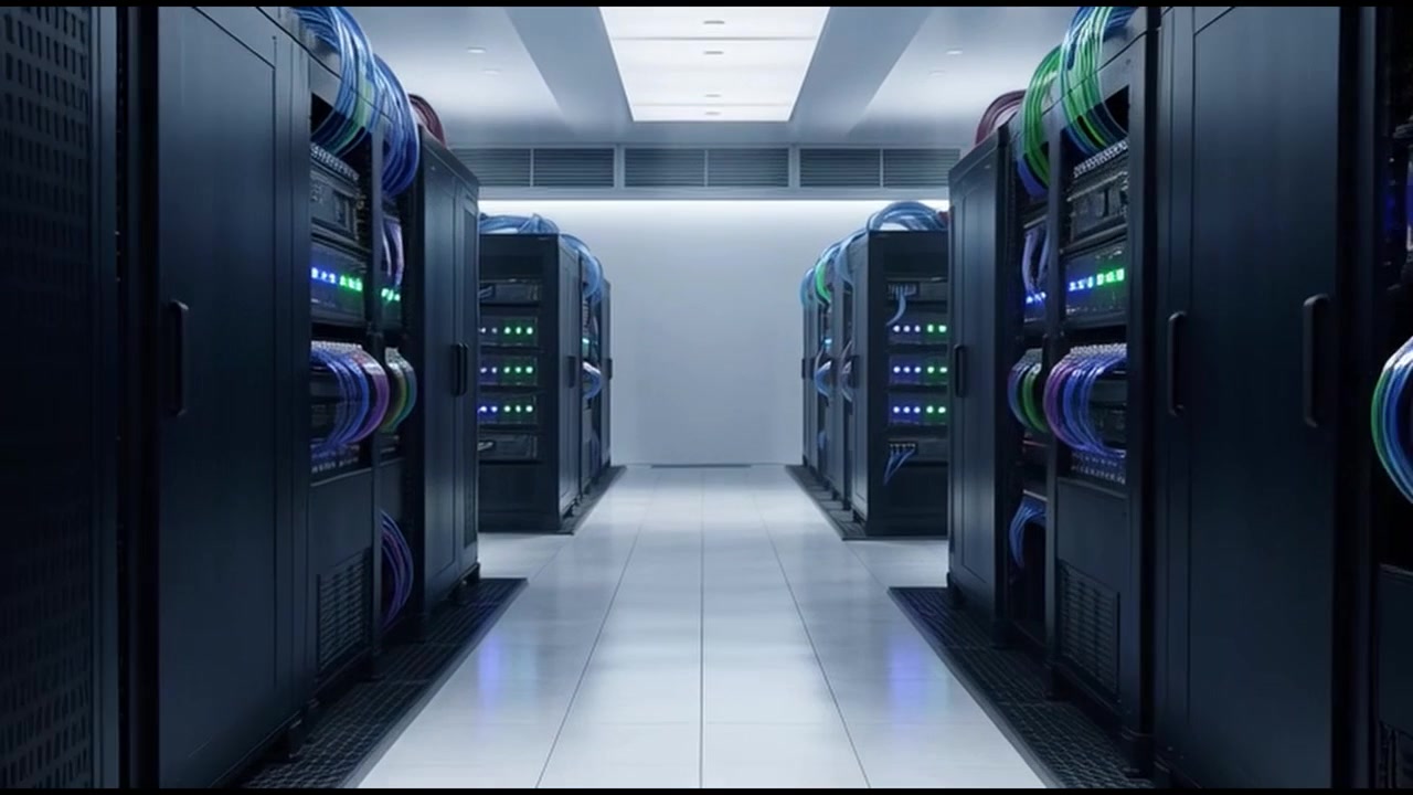Rækker af serverracks i et moderne datacenter