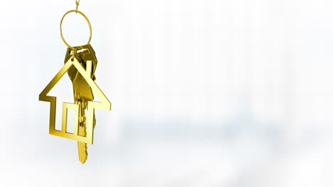 golden house-shaped keychain and keys animation over blurred background