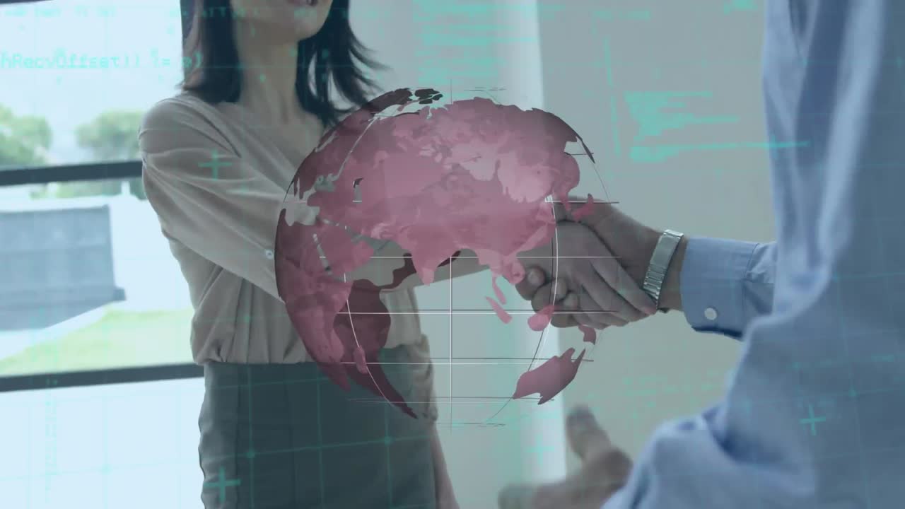 회전하는 지구와 데이터의 애니메이션, 사업가와 남자가 손을 흔들고 있습니다.