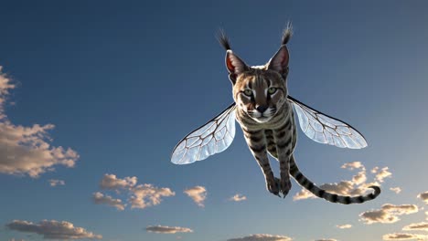 caracal with wings flying in sky