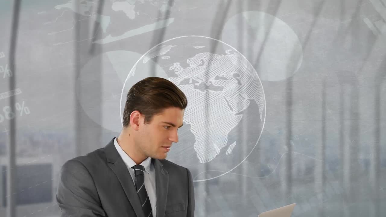 animación del hombre de negocios caucásico en diversos gráficos y globo