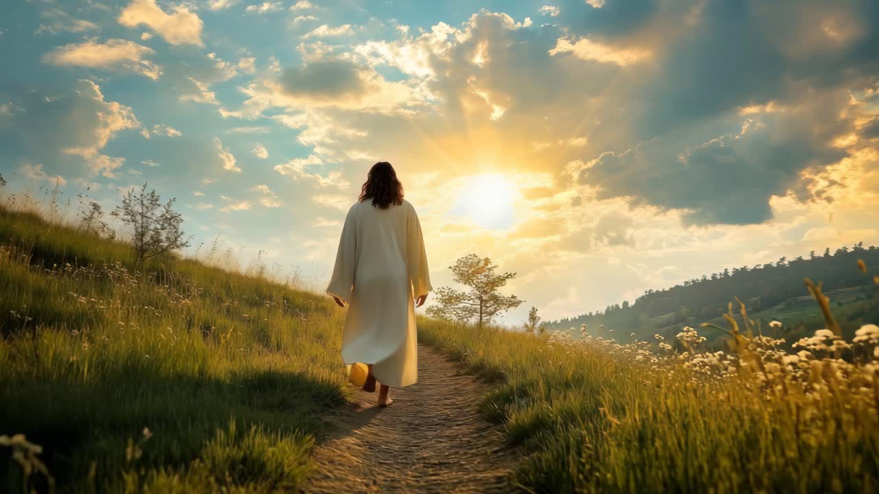 A serene video scene shows a person in a white robe walking on a grassy path towards a glowing