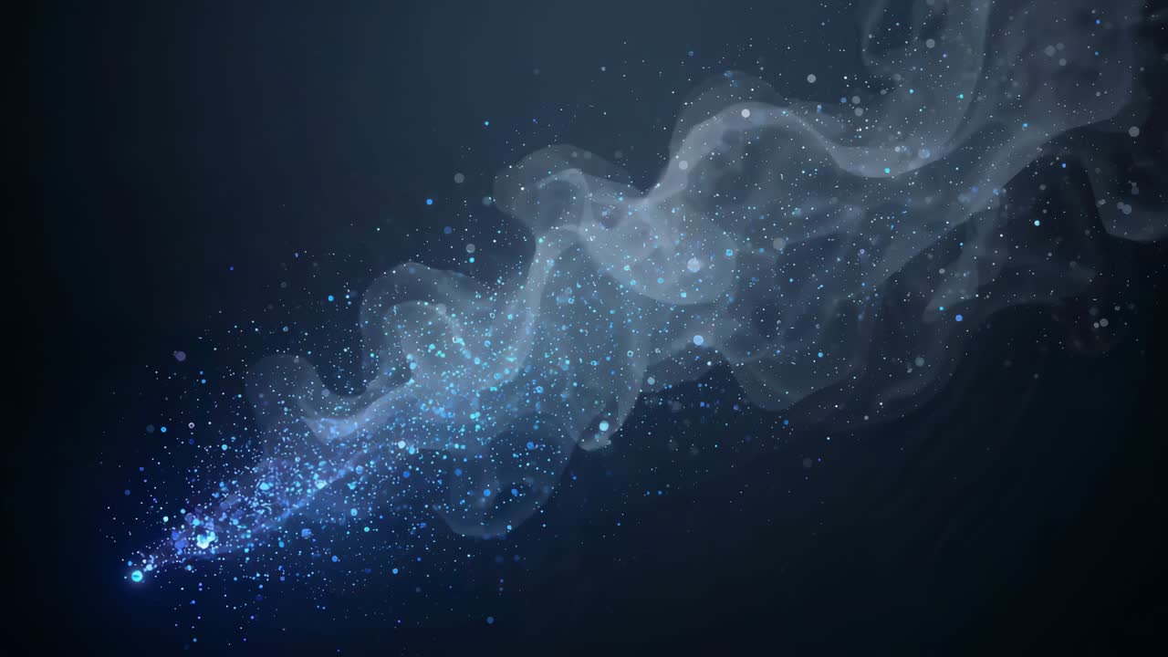 Appearing bright blue emitter sending glowing particle stream through navy field, ribbon trailing