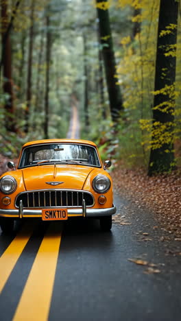 clásico coche de juguete amarillo en una carretera sinuosa rodeado de vegetación forestal