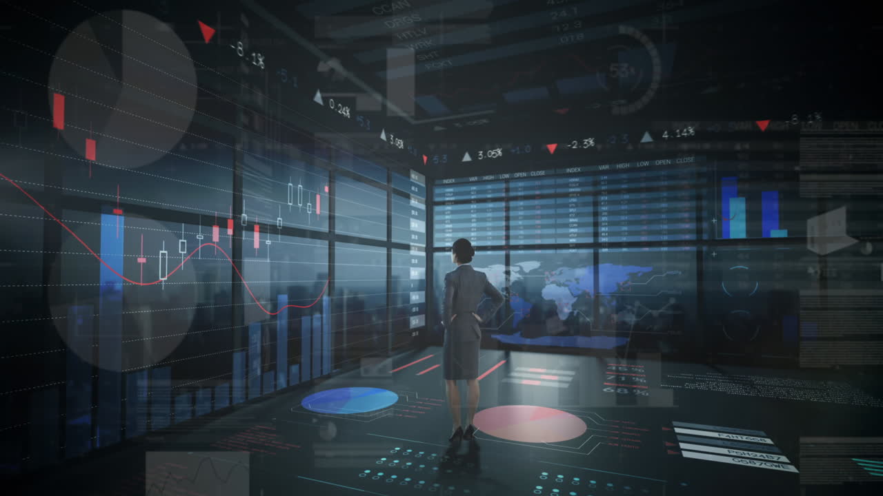 анимация статистики и обработка финансовых данных над деловой женщиной в офисе