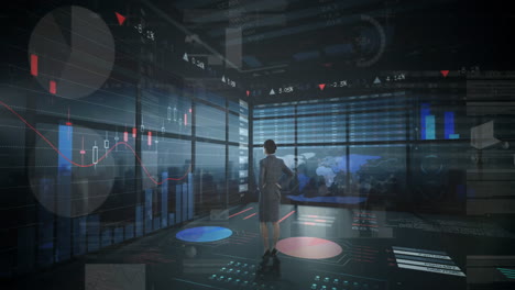 animación de estadísticas y procesamiento de datos financieros sobre mujeres de negocios en la oficina