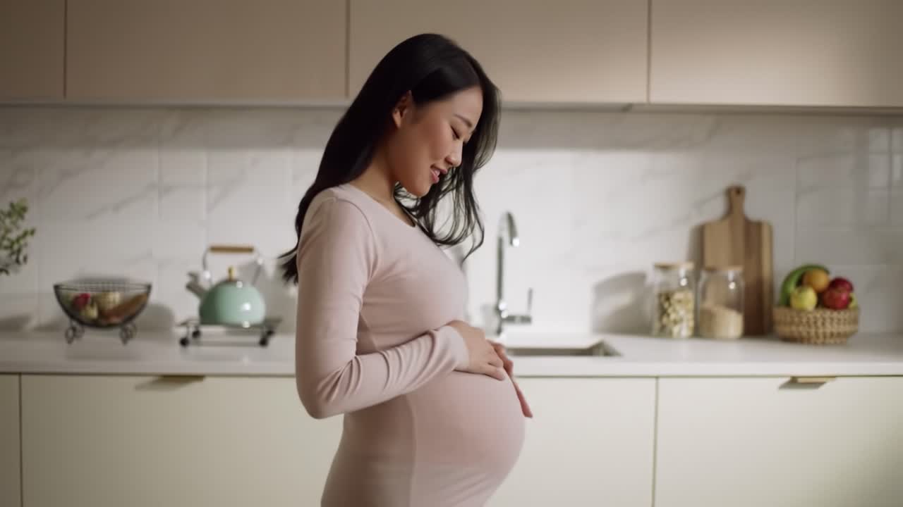 A pregnant woman stands in a modern kitchen, lovingly cradling her belly. She radiates joy and anticipation as she admires her growing baby bump in a peaceful atmosphere.
