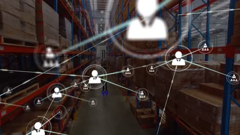 animation of network of connections over caucasian worker in warehouse