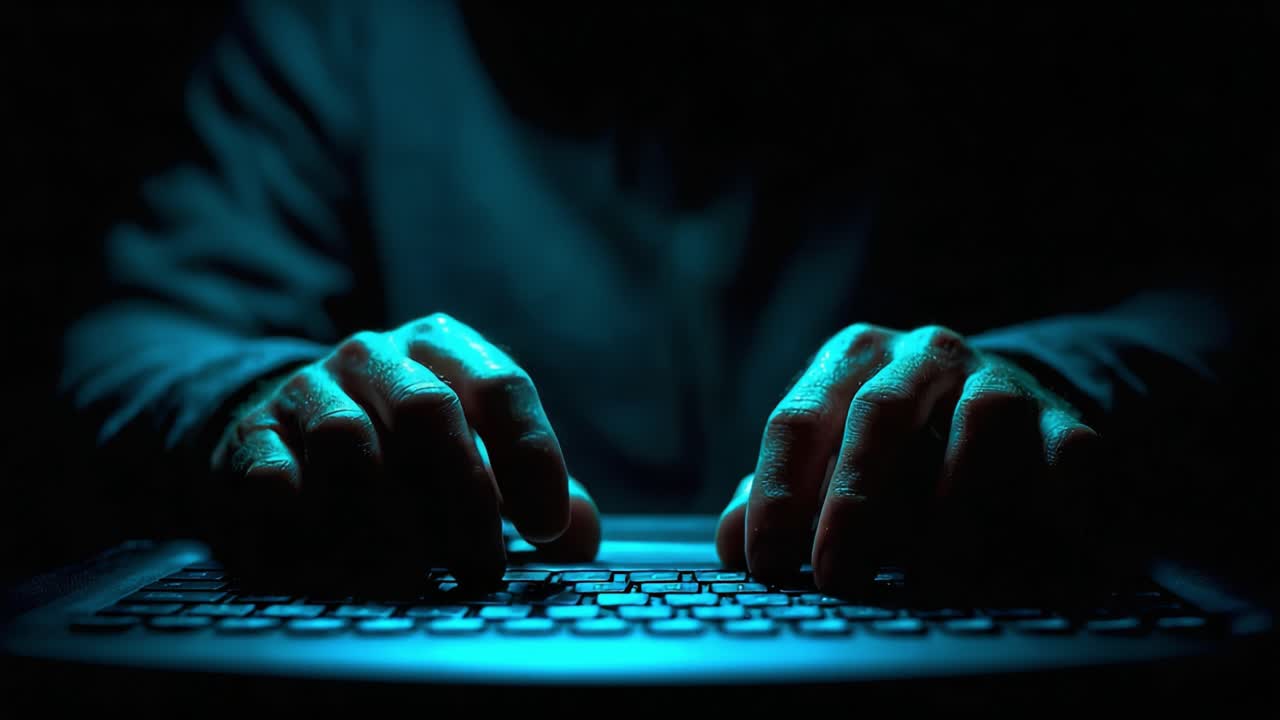 Mysterious Hands Typing on a Keyboard in Dim Light, Representing Themes of Cybersecurity, Technology, and Digital Communication in a Darkened Environment