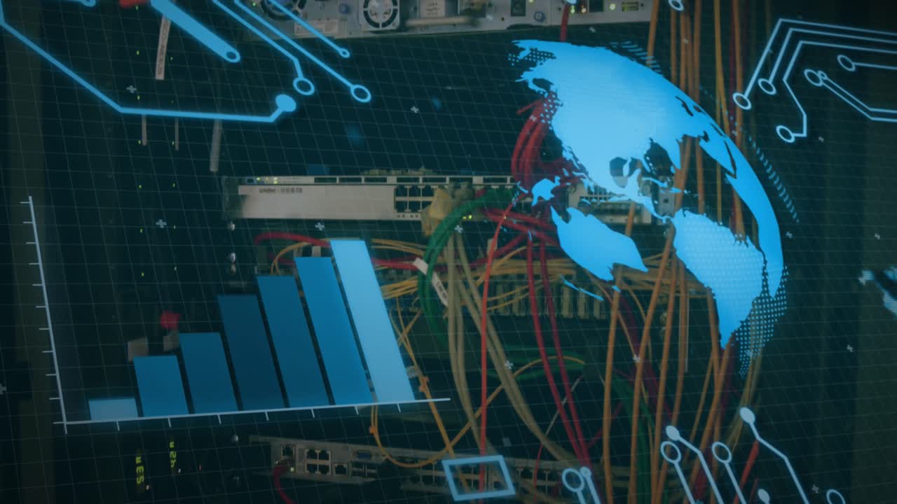 Animation of globe spinning and data processing over cables in computer server