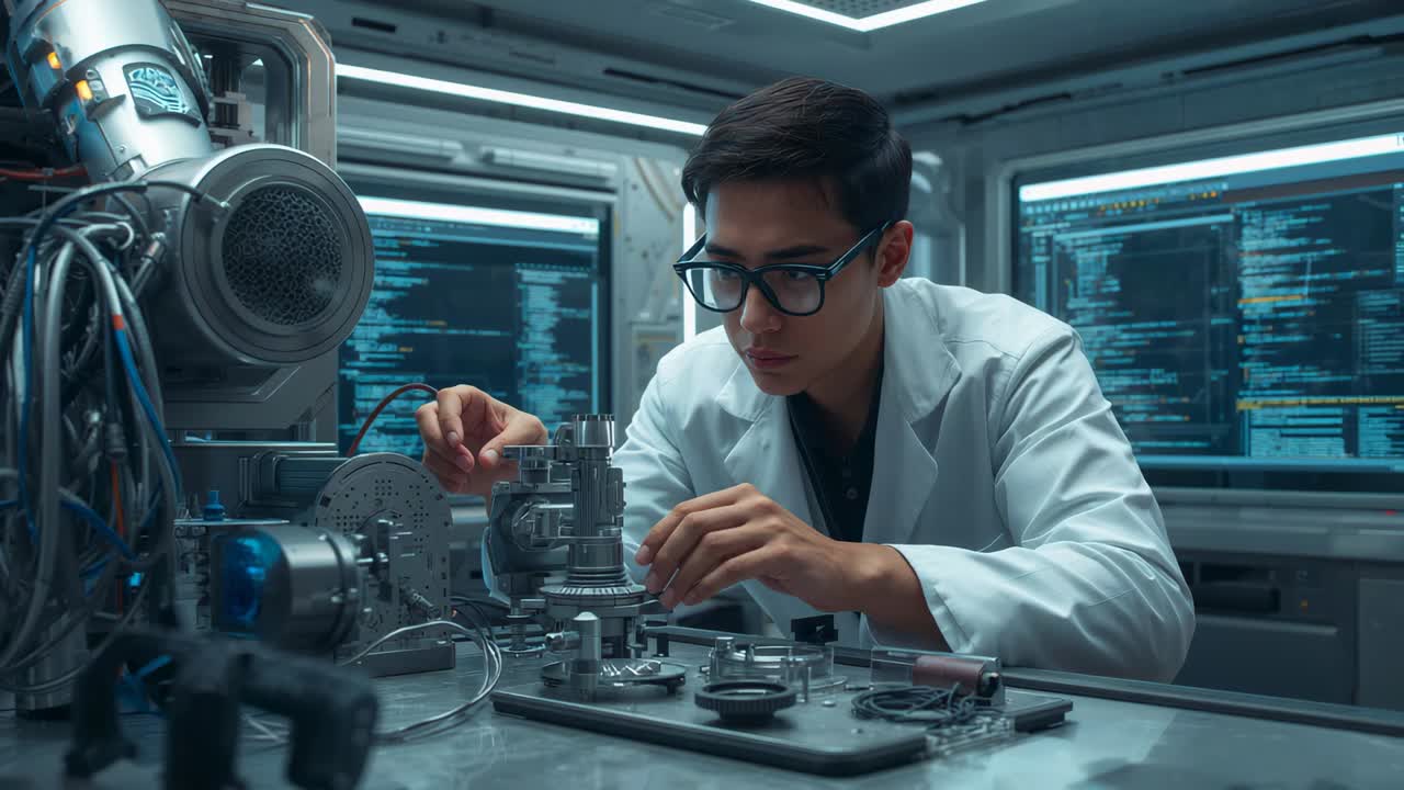 Reacting to diagnostics, researcher wearing lab coat tuning fixture at bench near robotic arm