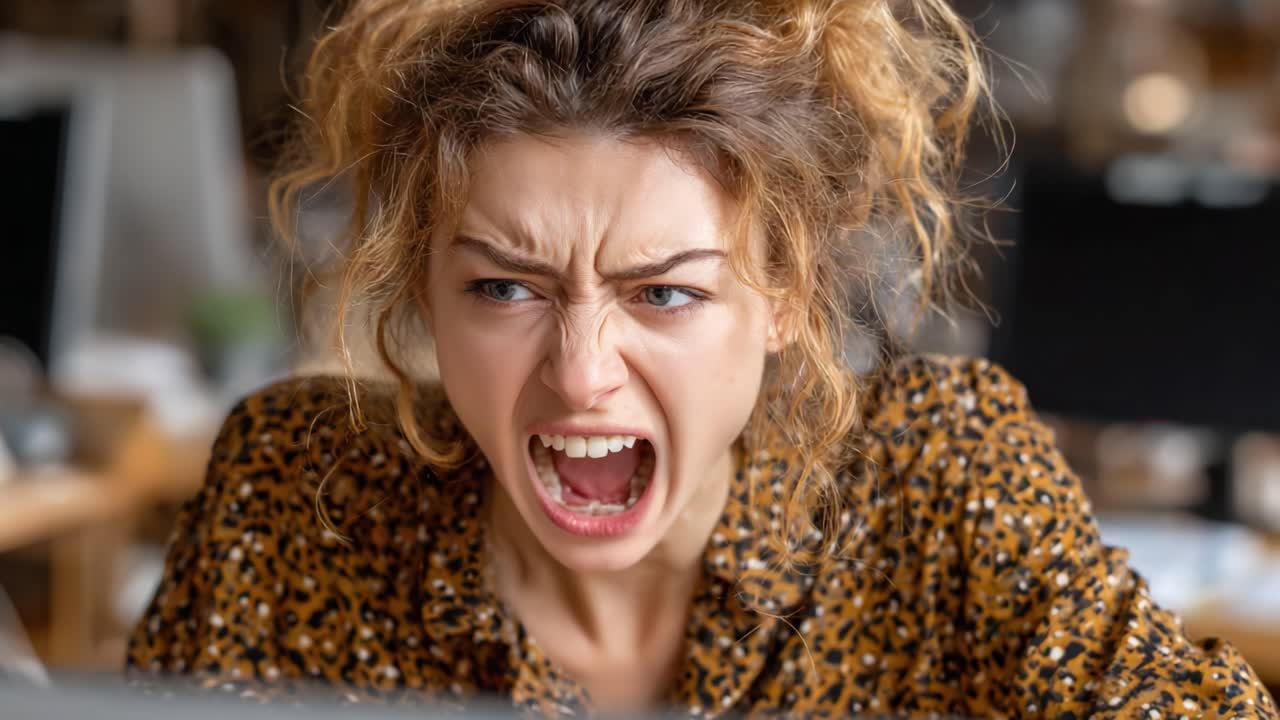 Emotional Turmoil: Capturing the Intense Frustration and Anger of a Young Woman Engaged in a Digital Struggle in a Modern Workspace Setting