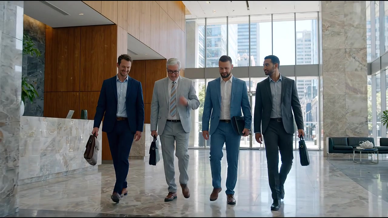 Professional business team walking confidently inside modern corporate building during executive meeting
