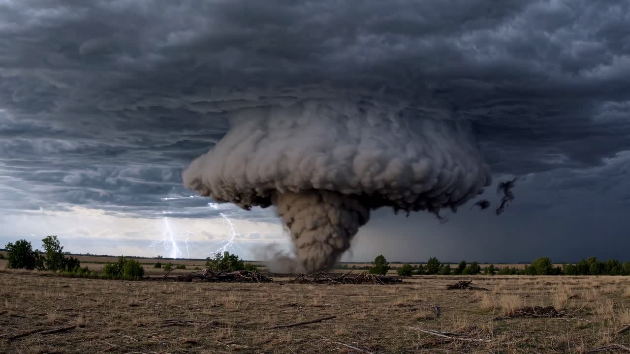 Dramatic wide-angle video capture of a massive tornado under dark storm clouds, with lightning
