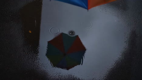 Colorful Umbrella Reflected in a Rainy Puddle with Ripples