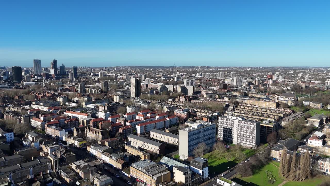 Council housing Bethnal Green East London pull back aerial reverse reveal