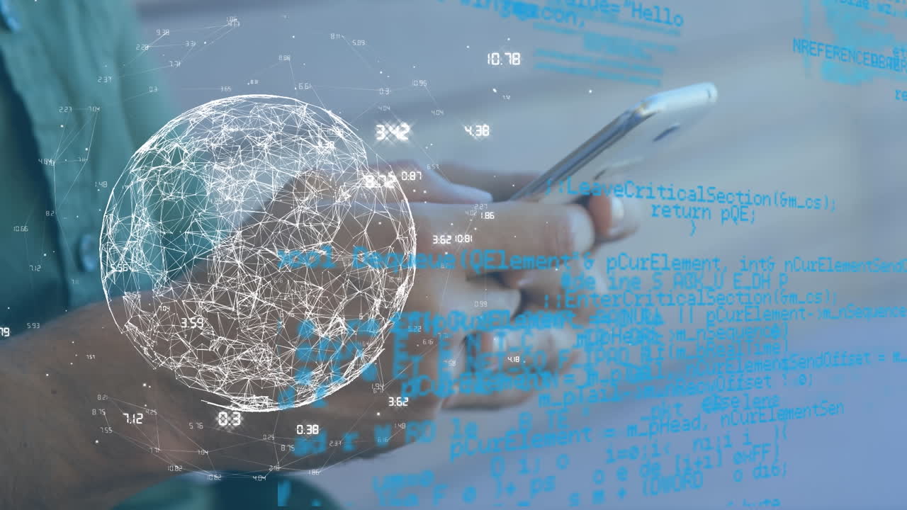 animación del procesamiento de datos y el mundo sobre un empresario biracial que usa un teléfono inteligente