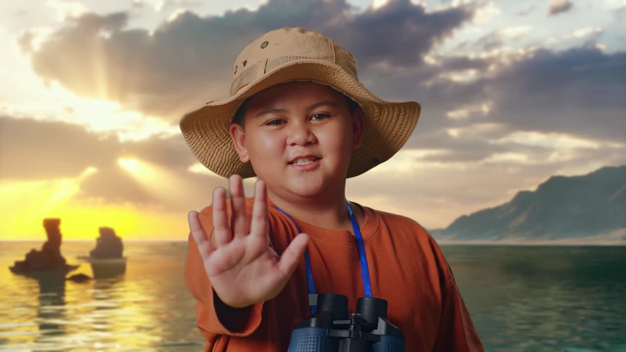 Anak Laki-Laki Asia Memakai Topi dan Teropong Menggunakan Kaca Pembesar, Menunjukkan Gestur Tangan Tidak di Pantai. Peneliti Anak Laki-Laki, Petualangan Pariwisata Perjalanan, Close Up