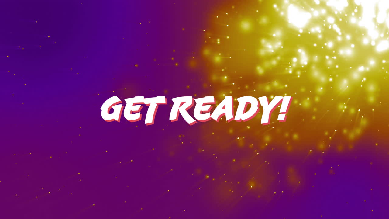 Get Ready! text animation over purple and yellow sparkling background