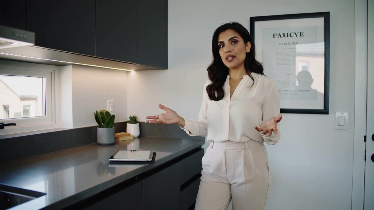 Donna che registra, in camicetta bianca e pantaloni beige, che spiega in cucina con un tablet, piante e spazio per il testo.