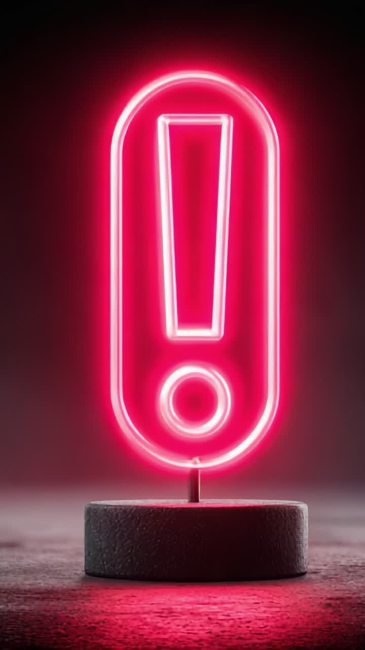 Vibrant Neon Exclamation Mark Illuminating a Dark Background, Perfect for Attention-Grabbing Signage and Visual Art Representations