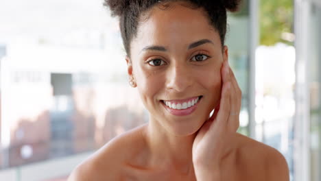beauty, skincare and happy woman touching her face
