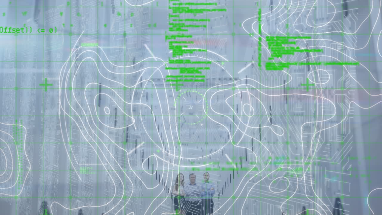 animación del procesamiento de datos y el escaneo de alcance sobre la topografía contra la sala de servidores informáticos