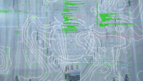 animation of data processing and scope scanning over topography against computer server room