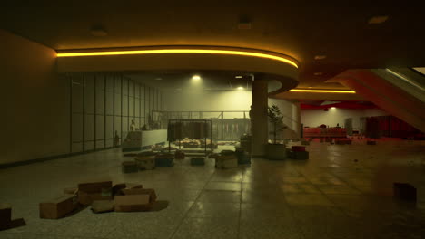 an empty retail store, abandoned and forgotten, bathed in the dim glow of artificial light