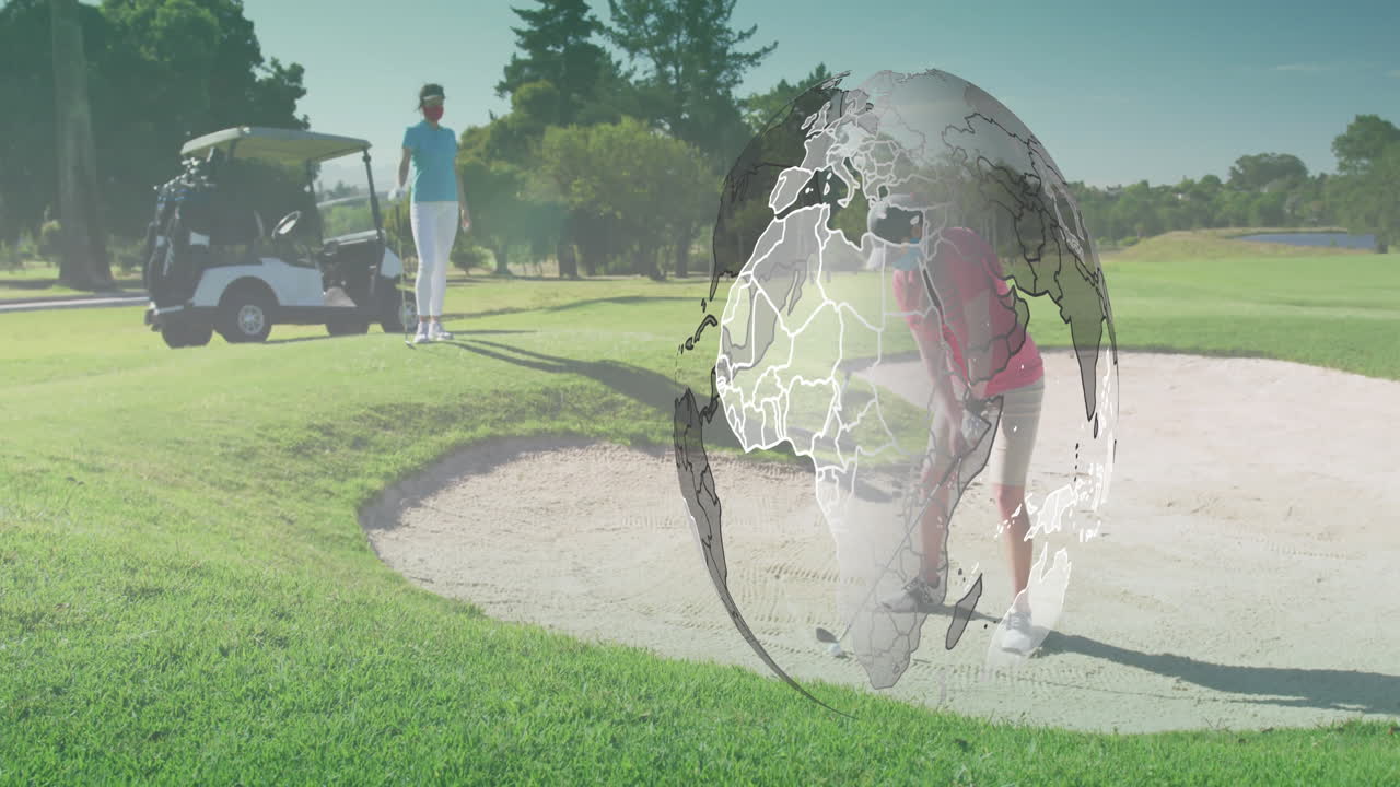 Golfer playing near sand trap with world map animation overlay