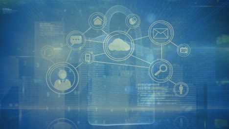 animation of data processing and network of connections over padlock icon on blue background