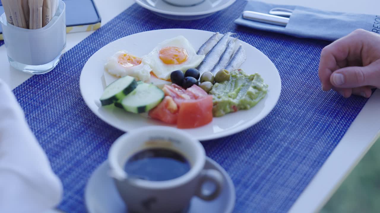 Morning coffee and delicious breakfast, close up view